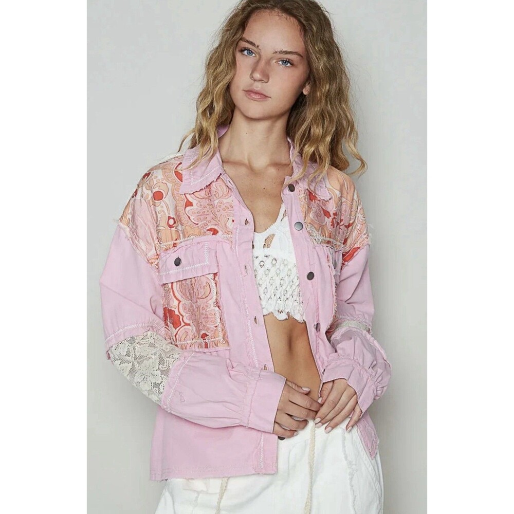 POL NWT Printed Woven Mix Raw Hem Jacket with Lace in Pink Size Large